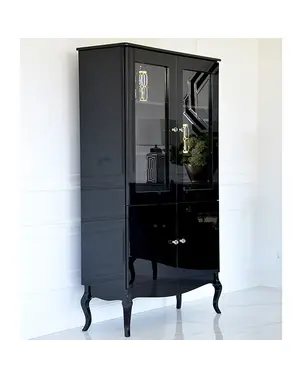 Witryna na wysoki połysk do salonu przeszklona czarna, gięte nogi ELENA GLAMOUR