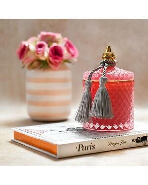 Decorative scented candle in a glass crystal container, rose gold