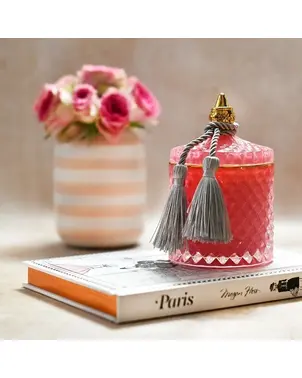 Decorative scented candle in a glass crystal container, rose gold