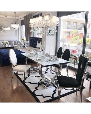Exclusive modern glamor table for the dining room, white glass, steel top, silver MARCELLO 180cm OUTLET
