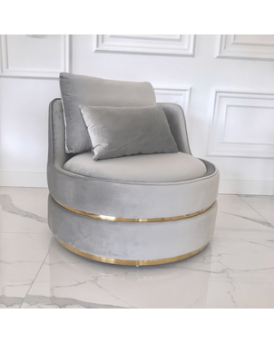 Stylish ROUND stone swivel armchair velvet gray gold