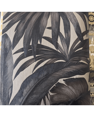 Nowoczesna Tapeta glamour Versace V Jungle Animalier motyw liści, czarna, liście palmy, tropikalna