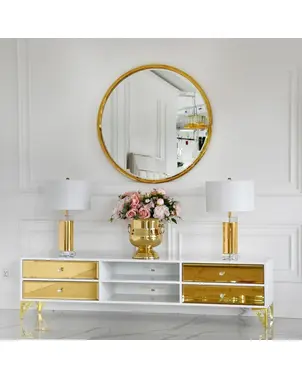 Ekskluzywna komoda RTV z lustrami drewniana biała, złota glamour lakierowana VENICE