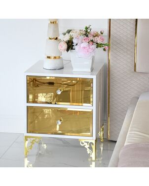 An exclusive bedside table, a wooden, varnished side table, with a mirror, gold VENICE