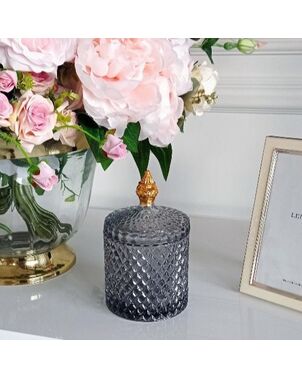 Glass container, smoked, gold, decorative, for accessories, for a dressing table, for jewelry, closed