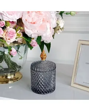 Glass container, smoked, gold, decorative, for accessories, for a dressing table, for jewelry, closed