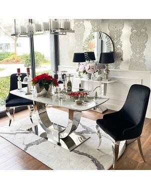 Stół glamour nowoczesny, designerski, srebrny z marmurowym białym blatem do jadalni ART DECO