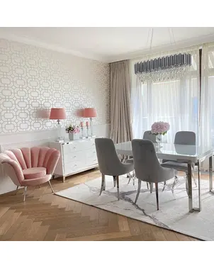 Stół glamour do jadalni, nowoczesny srebrny z białym szklanym blatem, stalowy 240cm BOND OUTLET