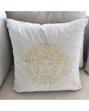 Decorative velvet pillow beige with gold logo Medusa