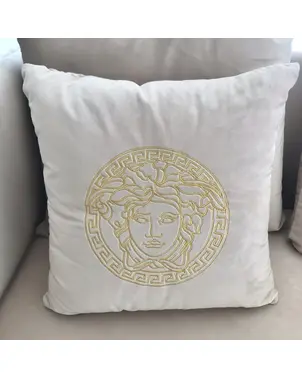 Decorative velvet pillow beige with gold logo Medusa