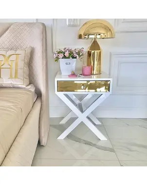 Szafka nocna glamour, boczna, drewniana, lakierowana, nowoczesna do salonu, do sypialni, złota VIKI OUTLET