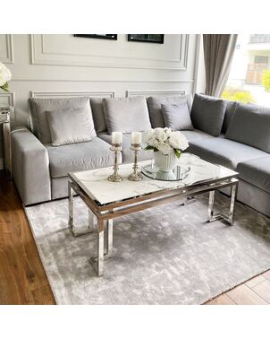 Glamor coffee table in New York style, stainless steel, white marble top OSKAR SILVER OUTLET 2