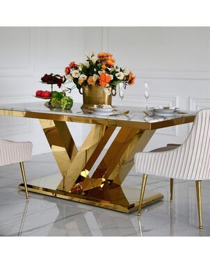 Exclusive glamor dining table, modern, with white marble, gold LV COLLECTION
