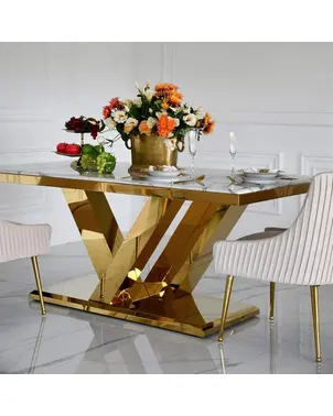 Exclusive glamor dining table, modern, with white marble, gold LV COLLECTION