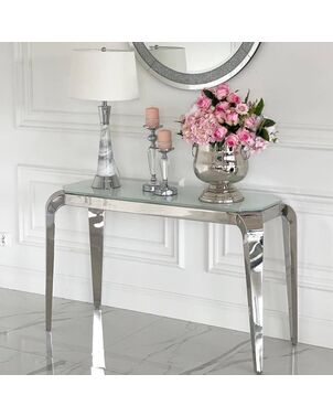 Konsola glamour srebrna, nowoczesna z białym szklanym blatem ELITE