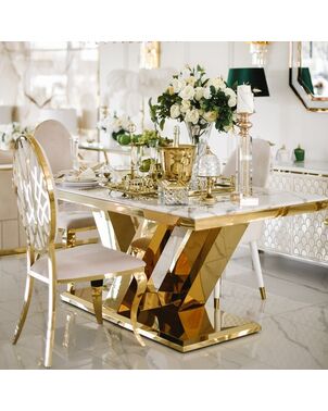 Exclusive glamor dining table, modern, with white marble, gold LV COLLECTION