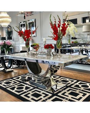 Išskirtinis žavingas stalas valgomajam, modernus, dizaineris, stiklinis stalviršis, sidabrinis ART DECO II OUTLET