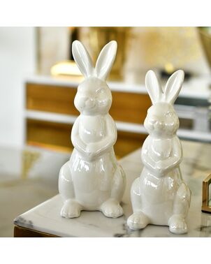 Dekoracja na stół, królik ceramiczny, perłowy, stojący, glamour, wielkanocny