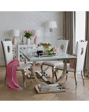 Stół glamour nowoczesny, ekskluzywny do jadalni biały szklany blat stalowy srebrny MARCELLO OUTLET 220cm