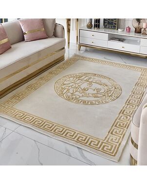Exclusive carpet, with a medusa face, for the living room, dining room, Greek pattern, beige, gold MEDUSA GOLD