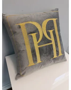 PH pillow 40x40 with a gray logo in a velor fabric with gold embroidery