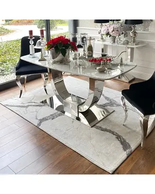 Ekskluzywny stół do jadalni, glamour, nowoczesny, designerski, biały blat marmurowy, srebrny ART DECO 220 cm OUTLET
