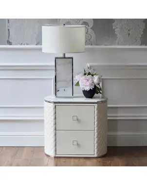 Zestaw dwóch szafek nocnych glamour, stylowe z ekoskórą, białe srebrne szafki nocne z szufladami HERMITAGE OUTLET