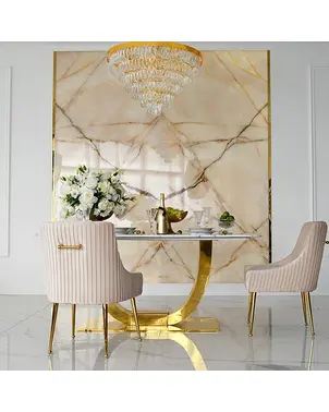Złoty stół do jadalni z półokrągłą nogą, designerski stół z białym blatem ART DECO  220 cm OUTLET