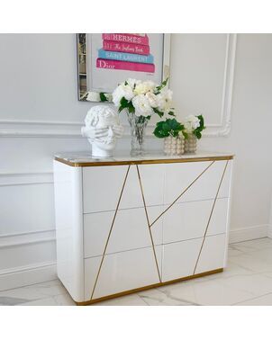 Glamor chest of drawers varnished, modern, designer, white and gold AVENUE 120cm