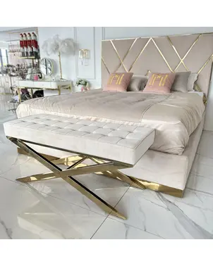 Upholstered pouffe, quilted steel, beige velor, gold cross GABY L