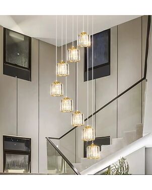 Crystal chandelier, hanging, gold, designer, exclusive, in a modern style, with glass shades, STARS XL hanging lamp above the stairs