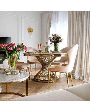 Designerski stół ANTONIO 130 cm stal okrągła do jadalni z blatem z białego, czarnego marmuru, nowoczesny glamour złoty