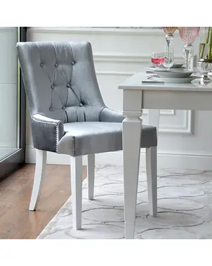 Krzesło glamour klasyczne do jadalni, z kołatką, drewniane, tapicerowane, glamour, pikowane, biała noga TIFFANY OUTLET