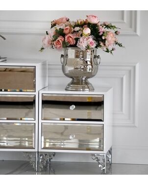 Luxurious bedside table, lacquered wooden side table, with mirror, silver VENICE