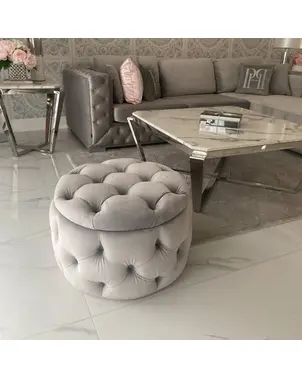 Round pouffe, for the bedroom, dressing table, upholstered, quilted, Paula glamor pouf