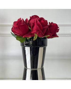 Black ceramic flowerpot with white stripes, decoration, 13 cm