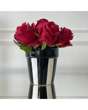 Black ceramic flowerpot with white stripes, decoration, 13 cm