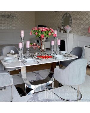Stół glamour nowoczesny, designerski, srebrny z marmurowym białym blatem do jadalni ART DECO