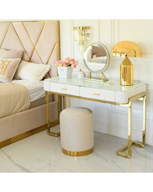 Konsola glamour, toaletka do sypialni, do garderoby, nowoczesna, beżowa, z szufladą, z lustrem złota AMORE