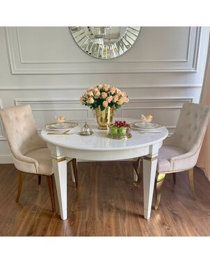 Stylish extendable table, wooden, gloss, lacquered for the dining room, glamor, round white ELEGANCE