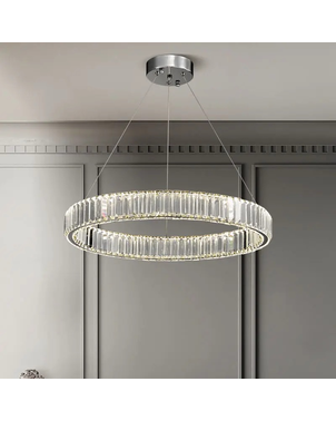 Crystal chandelier, ring, silver, modern glamor pendant lamp for the living room, adjustable ECLIPSE