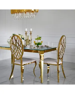 Stół złoty z białym szklanym blatem do jadalni, glamour, stalowy, designerski ELITE OUTLET