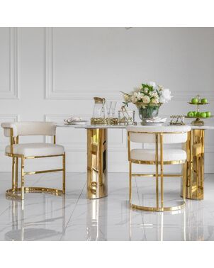 Designer glamor chair, gold, boucle, for the dining room, modern, half-round, for the dressing table, steel MARCO