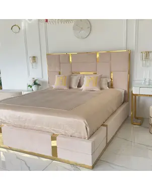 Łóżko designerskie beżowe złote tapicerowane z pojemnikiem 180x200cm EMPORIO