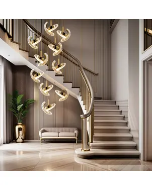 Żyrandol nowoczesny, wiszący, złoty FLOW L na antresolę, na hol, nad schody