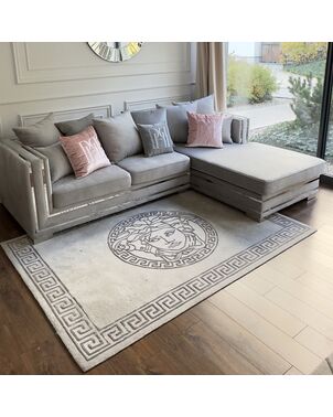 Designer carpet, with the face of a medusa, for the living room and dining room, Greek pattern, gray MEDUSA SILVER