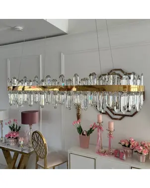 Crystal chandelier, glamor, gold, oblong, designer, exclusive in a modern style, pendant lamp above the table BULGARI L 100cm