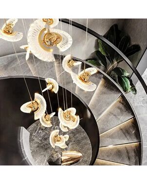 Żyrandol nowoczesny, wiszący, złoty FLOW L na antresolę, na hol, nad schody