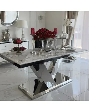 Stół srebrny z marmurowym białym blatem do jadalni glamour, ekskluzywny, nowoczesny LV COLLECTION