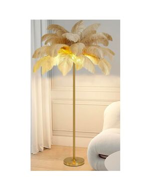 Lampa podłogowa glamour złota z beżowymi piórami 160 cm